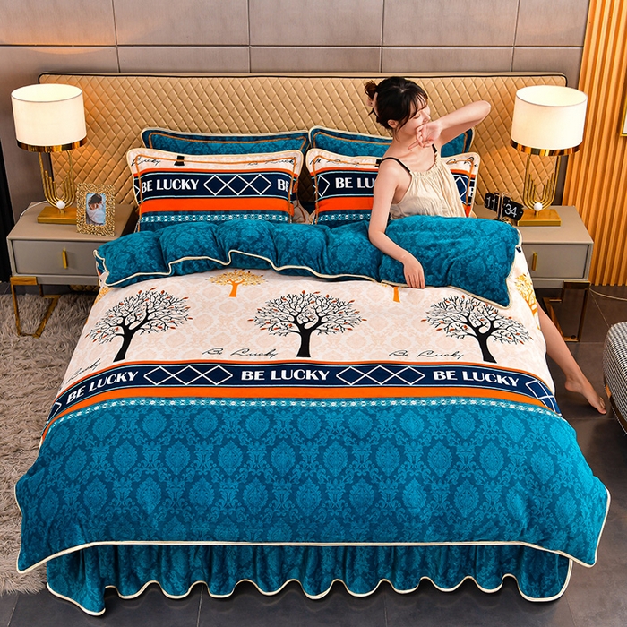 91家纺网 家纺一手货源 找家纺 梦宴 2025新款冬季牛奶绒加厚保暖床裙款法兰绒珊瑚绒四件套床上用品 幸福树