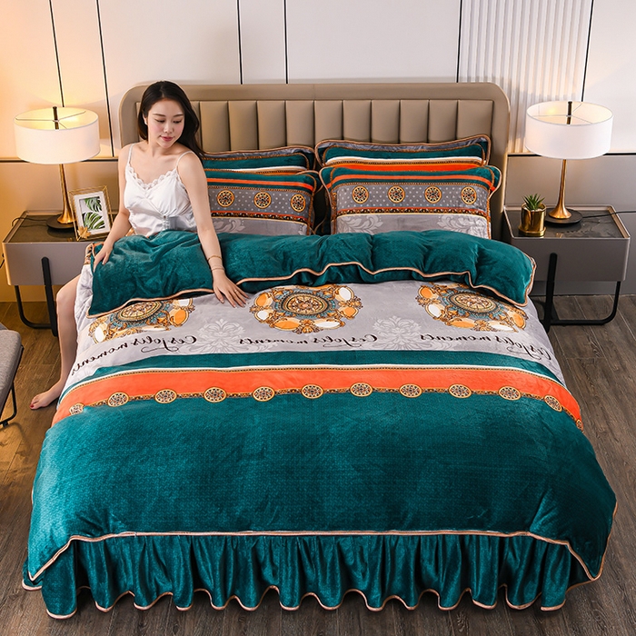 91家纺网 家纺一手货源 找家纺 梦宴 2025新款冬季牛奶绒加厚保暖床裙款法兰绒珊瑚绒四件套床上用品 英伦风尚