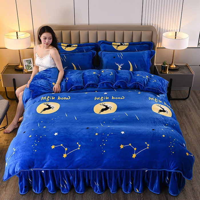 91家纺网 家纺一手货源 找家纺 梦宴 2025新款冬季牛奶绒加厚保暖床裙款法兰绒珊瑚绒四件套床上用品 月光鹿