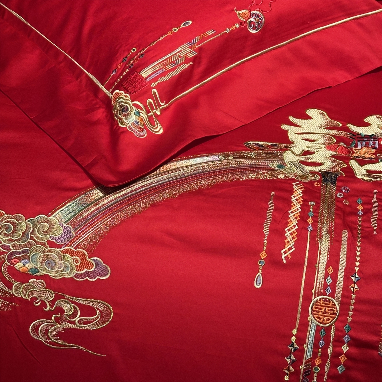 91家纺网 家纺一手货源 找家纺 （总）美娘阁 2025新款长绒棉全棉贡缎提花款新中式古典韵味精美刺绣婚庆四件套-系列二