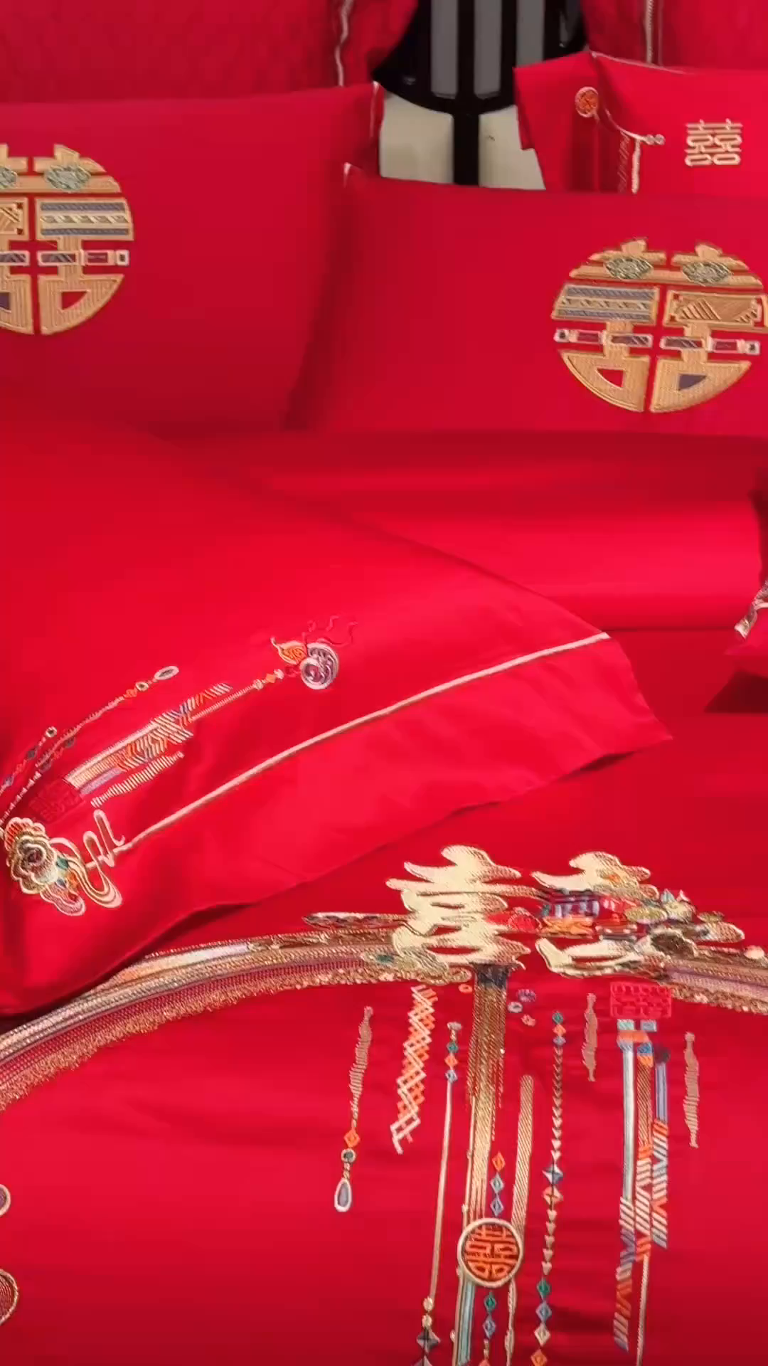 91家纺网 家纺一手货源 找家纺 （总）美娘阁 2025新款长绒棉全棉贡缎提花款新中式古典韵味精美刺绣婚庆四件套-系列二