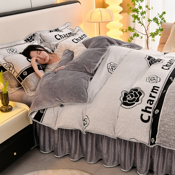 91家纺网 家纺一手货源 找家纺 （总 ）梦宴 2025新款冬季牛奶绒加厚保暖床裙款法兰绒珊瑚绒四件套床上用品