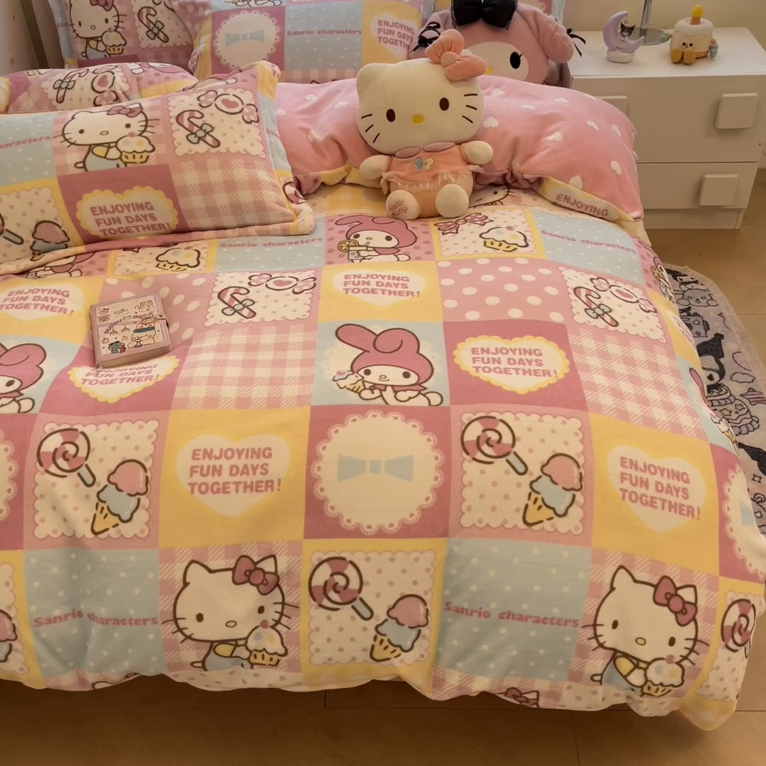 91家纺网 家纺一手货源 找家纺 （总）暮思家居 2025新款三丽鸥正版授权高克重200克加厚保暖卡通牛奶绒四件套