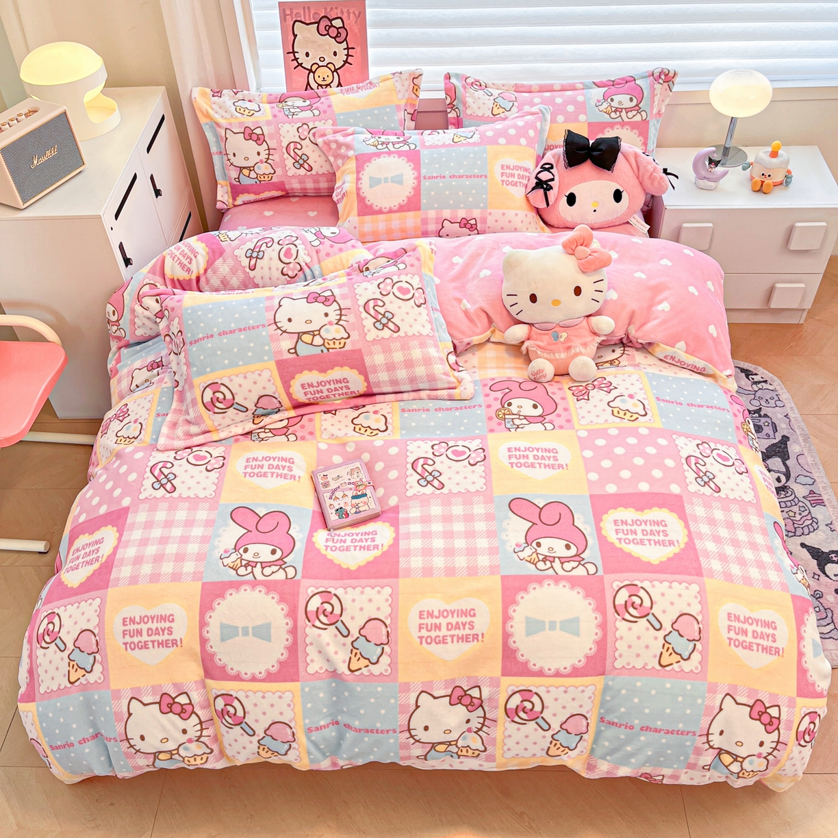 91家纺网 家纺一手货源 找家纺 （总）暮思家居 2025新款三丽鸥正版授权高克重200克加厚保暖卡通牛奶绒四件套