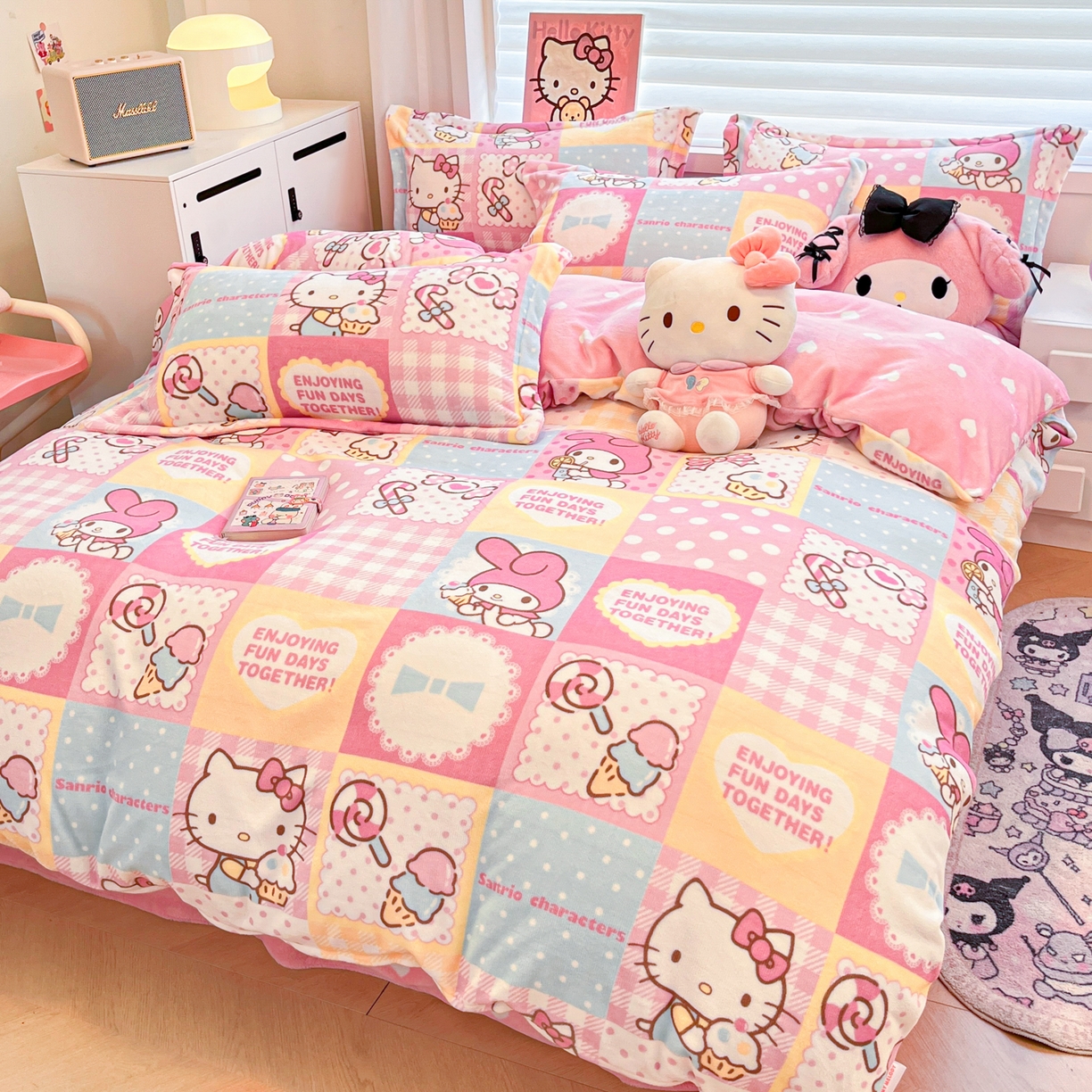 91家纺网 家纺一手货源 找家纺 （总）暮思家居 2025新款三丽鸥正版授权高克重200克加厚保暖卡通牛奶绒四件套