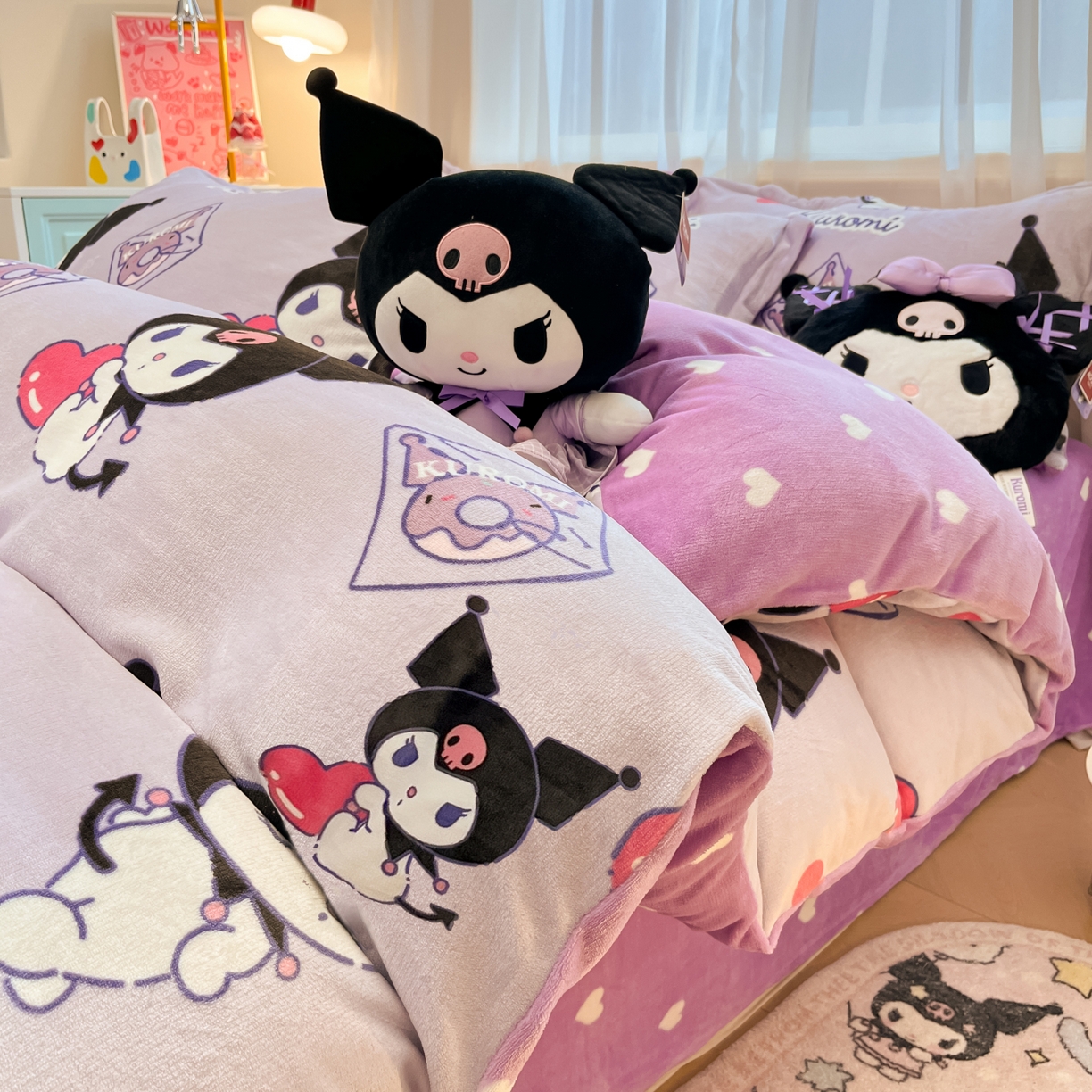 91家纺网 家纺一手货源 找家纺 暮思家居 2025新款三丽鸥正版授权高克重200克加厚保暖卡通牛奶绒四件套 牛奶绒-巴库库洛米