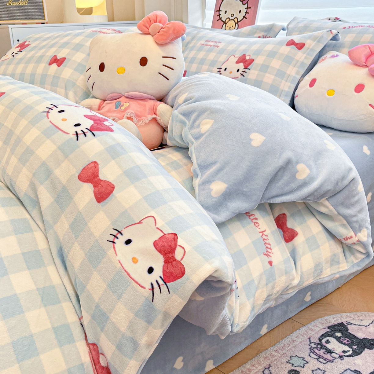 91家纺网 家纺一手货源 找家纺 暮思家居 2025新款三丽鸥正版授权高克重200克加厚保暖卡通牛奶绒四件套 牛奶绒-乖巧KT