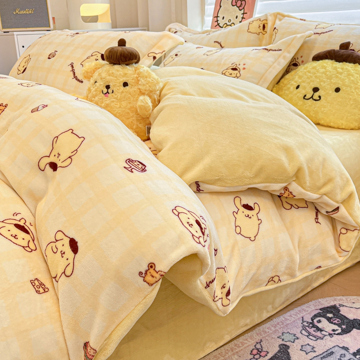 91家纺网 家纺一手货源 找家纺 暮思家居 2025新款三丽鸥正版授权高克重200克加厚保暖卡通牛奶绒四件套 牛奶绒-焦糖布丁狗