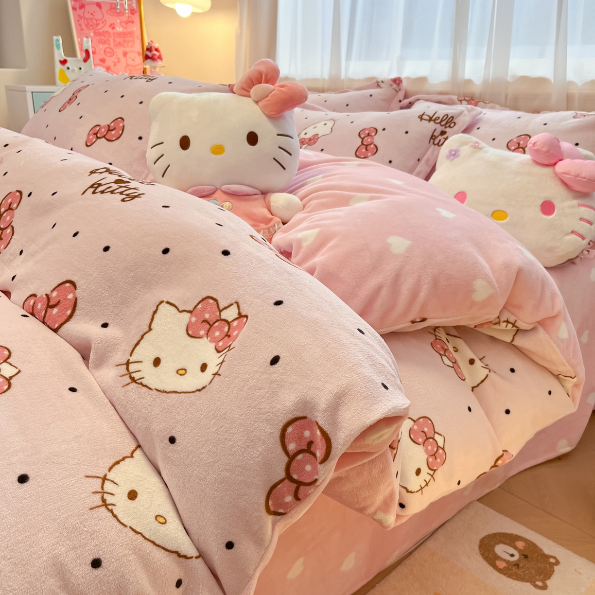 91家纺网 家纺一手货源 找家纺 暮思家居 2025新款三丽鸥正版授权高克重200克加厚保暖卡通牛奶绒四件套 牛奶绒-可爱kt