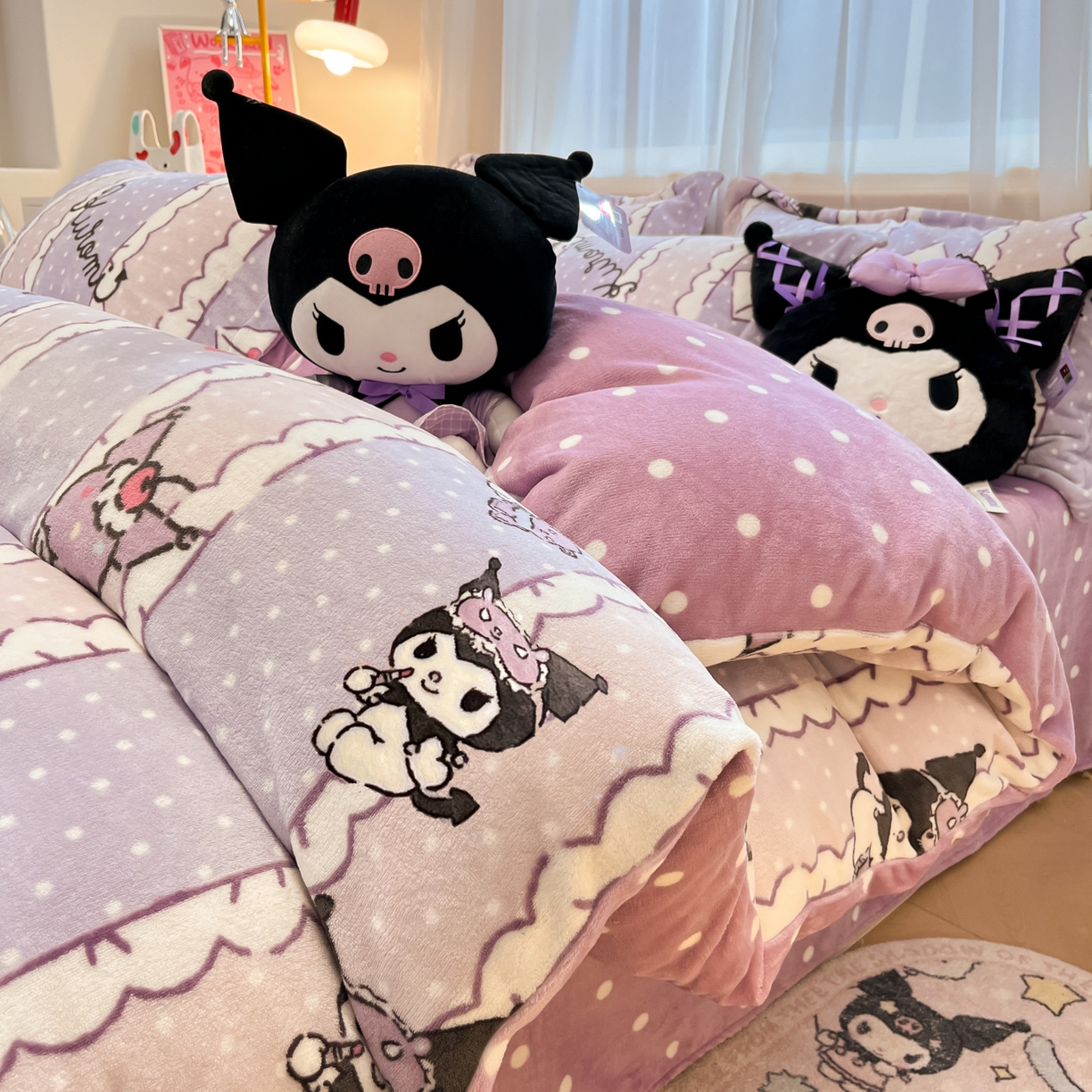 91家纺网 家纺一手货源 找家纺 暮思家居 2025新款三丽鸥正版授权高克重200克加厚保暖卡通牛奶绒四件套 牛奶绒-情书库洛米