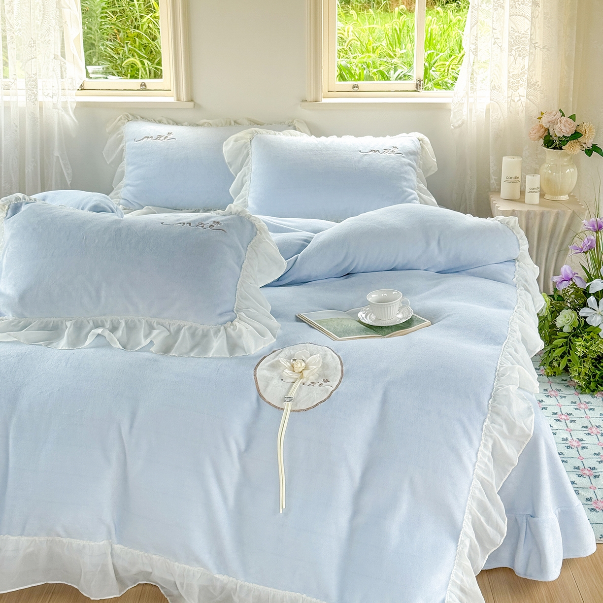 91家纺网 家纺一手货源 找家纺 （总）慕克斯家纺 2025新款牛奶绒韩版贴布绣四件套 遇见系列