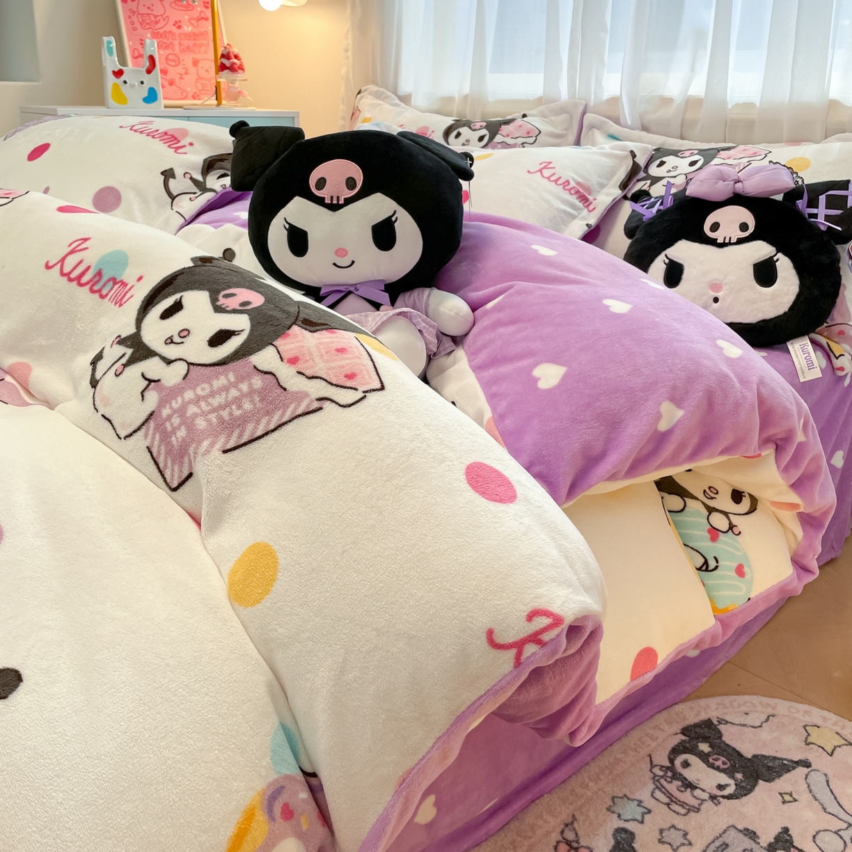 91家纺网 家纺一手货源 找家纺 暮思家居 2025新款三丽鸥正版授权高克重200克加厚保暖卡通牛奶绒四件套 牛奶绒-甜甜圈库洛米