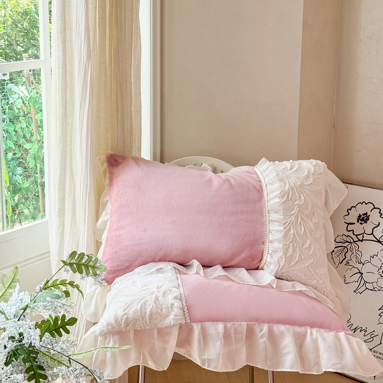 91家纺网 家纺一手货源 找家纺 （总）慕克斯家纺 2025新款9斤韩版兔毛拼接牛奶绒法式雪纺花边四件套 法芙娜系列