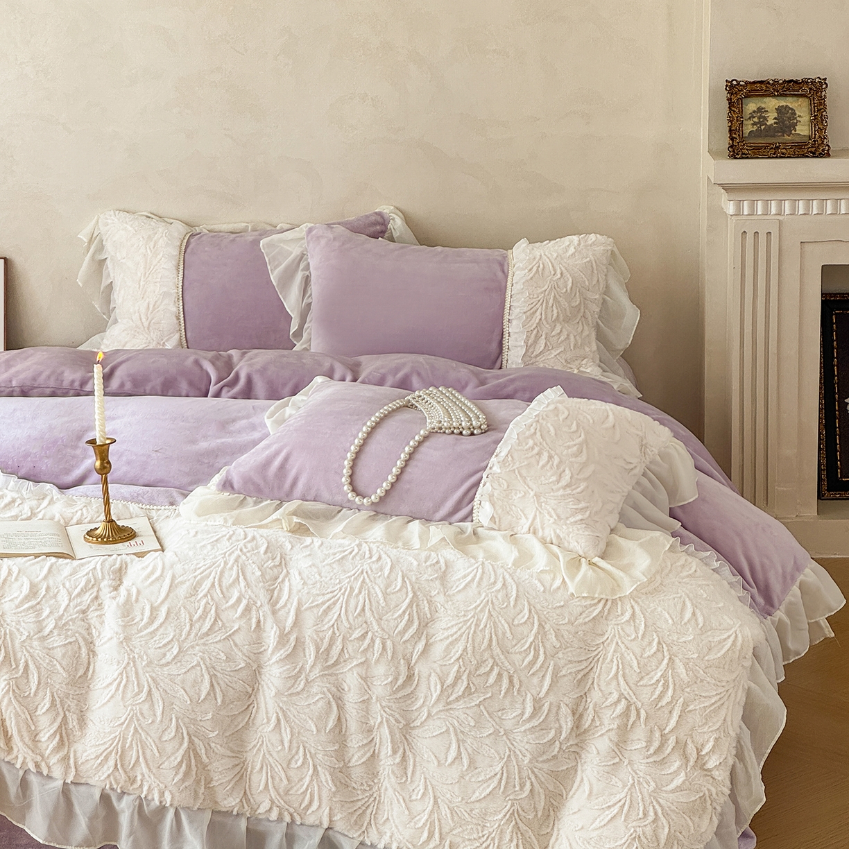 91家纺网 家纺一手货源 找家纺 （总）慕克斯家纺 2025新款9斤韩版兔毛拼接牛奶绒法式雪纺花边四件套 法芙娜系列