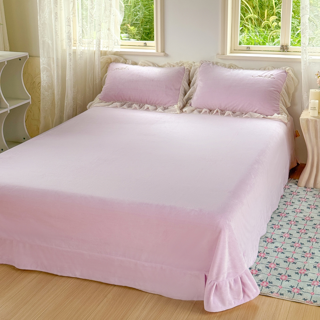 91家纺网 家纺一手货源 找家纺 慕克斯家纺 2025新款牛奶绒韩版贴布绣四件套 遇见系列 遇见-浅紫