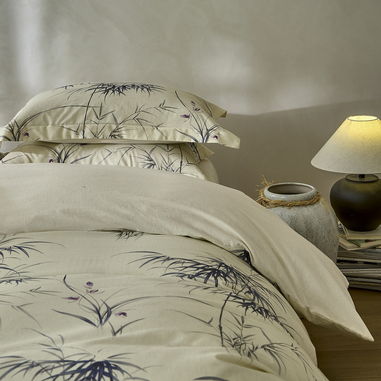 91家纺网 家纺一手货源 找家纺 安莱生活 2025新款全棉纯棉印花棉麻四件套 江南竹-蓝