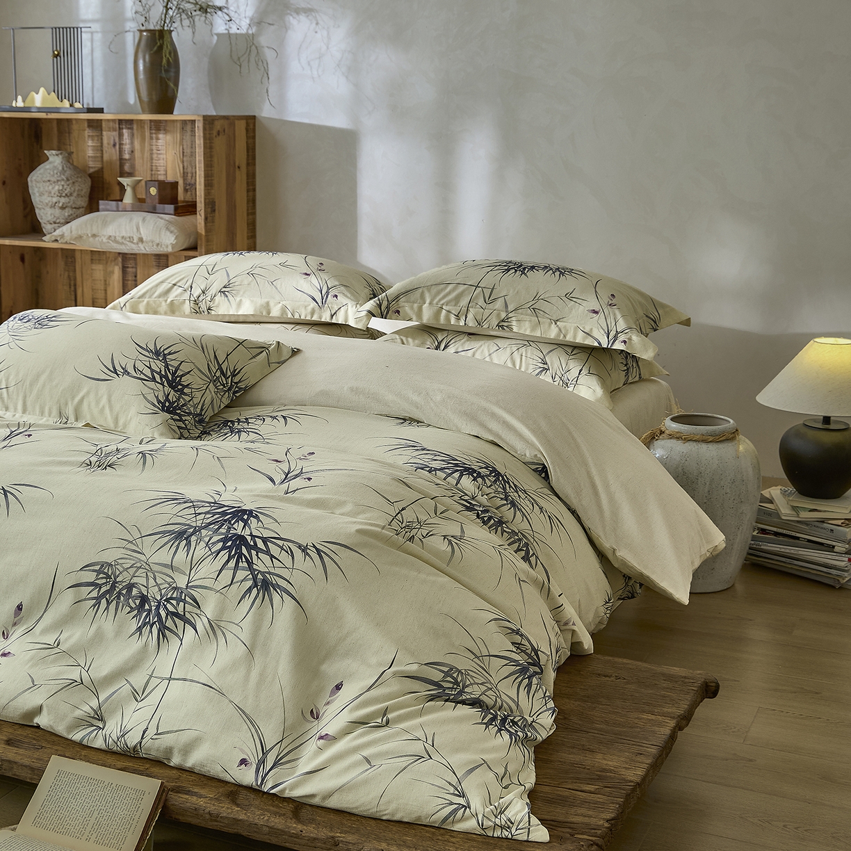 91家纺网 家纺一手货源 找家纺 安莱生活 2025新款全棉纯棉印花棉麻四件套 江南竹-蓝