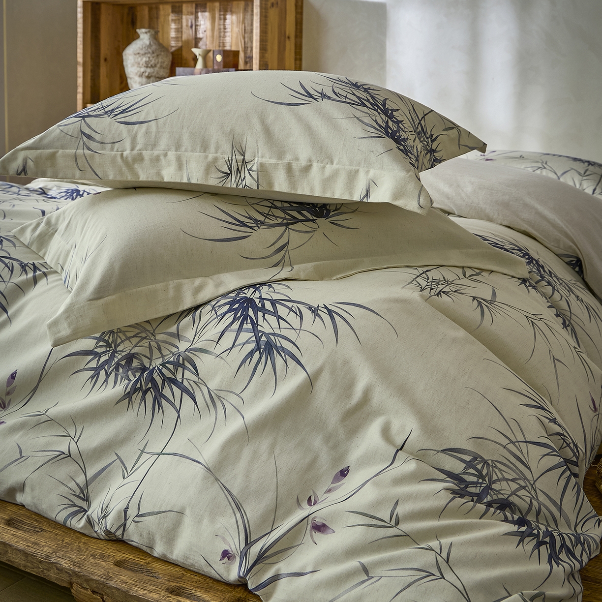 91家纺网 家纺一手货源 找家纺 安莱生活 2025新款全棉纯棉印花棉麻四件套 江南竹-蓝