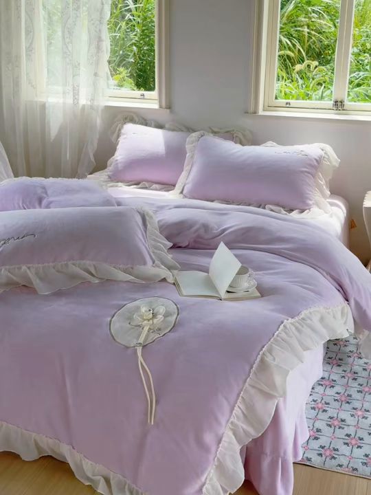 91家纺网 家纺一手货源 找家纺 慕克斯家纺 2025新款牛奶绒韩版贴布绣四件套 遇见系列 遇见-浅紫