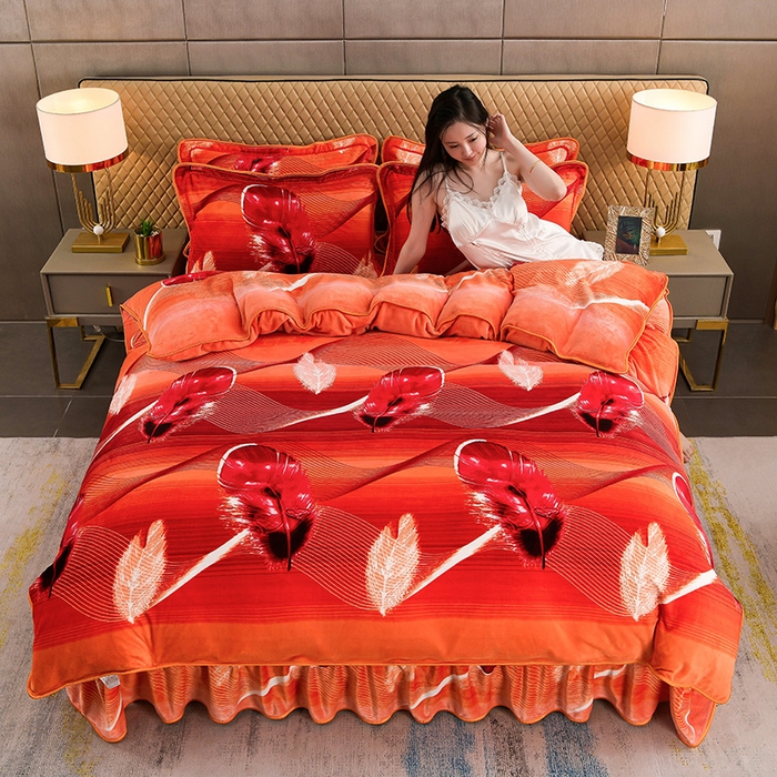 91家纺网 家纺一手货源 找家纺 梦宴 2025新款冬季牛奶绒加厚保暖床裙款法兰绒珊瑚绒四件套床上用品 月光鹿