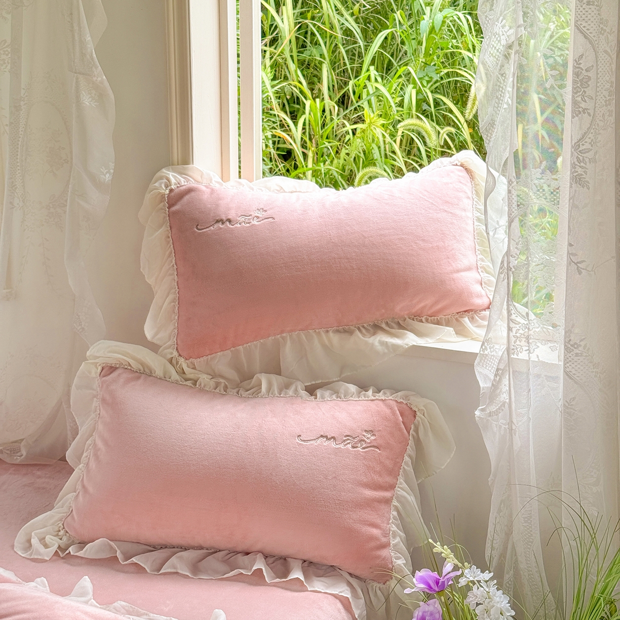 91家纺网 家纺一手货源 找家纺 慕克斯家纺 2025新款牛奶绒韩版贴布绣四件套 遇见系列 遇见-肉粉