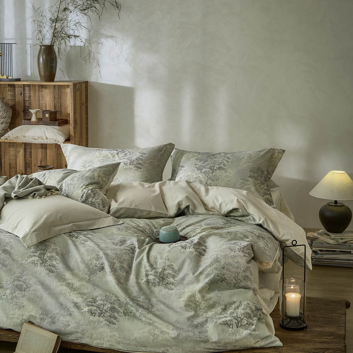 91家纺网 家纺一手货源 找家纺 安莱生活 2025新款全棉纯棉印花棉麻四件套 舒写礼-绿