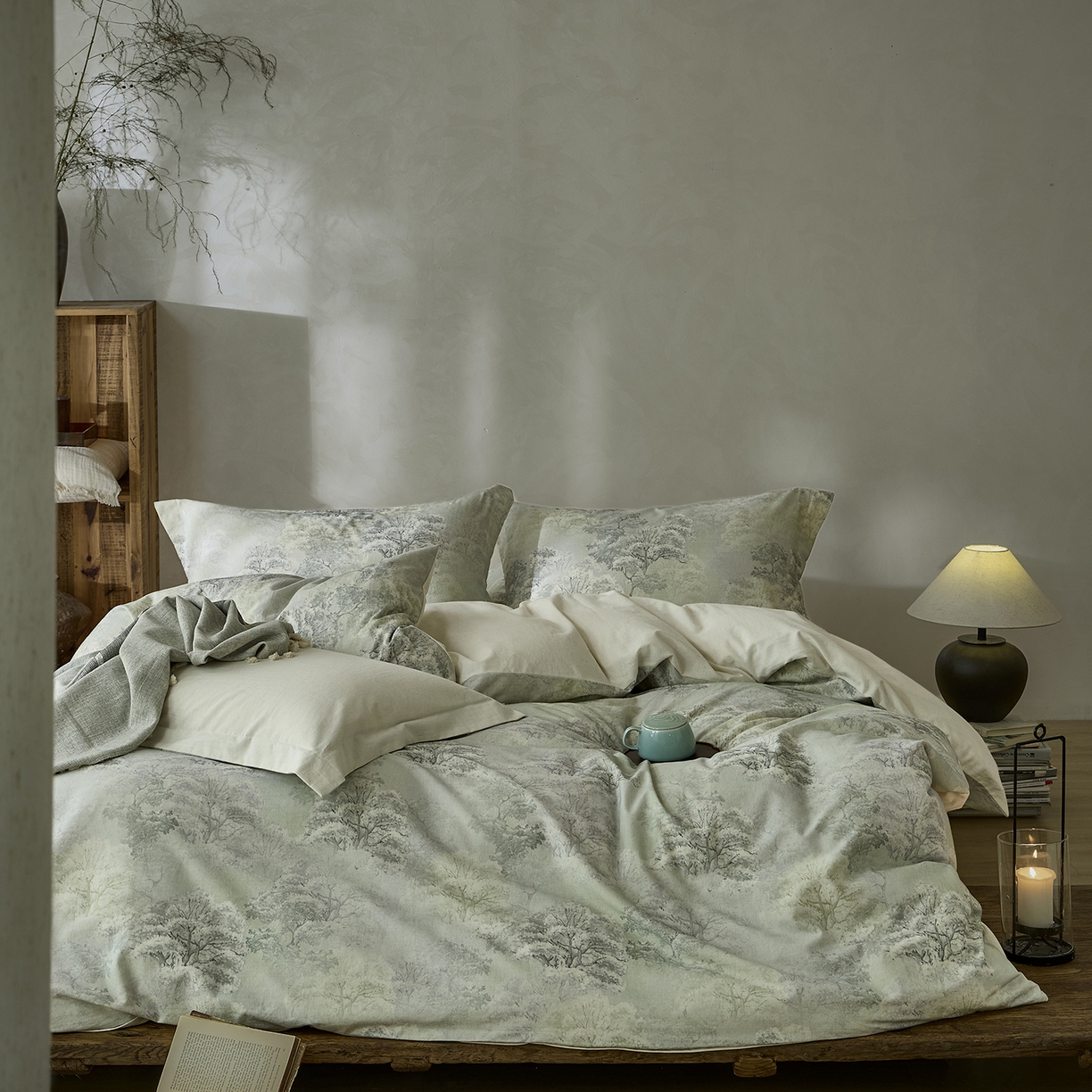 91家纺网 家纺一手货源 找家纺 安莱生活 2025新款全棉纯棉印花棉麻四件套 舒写礼-绿