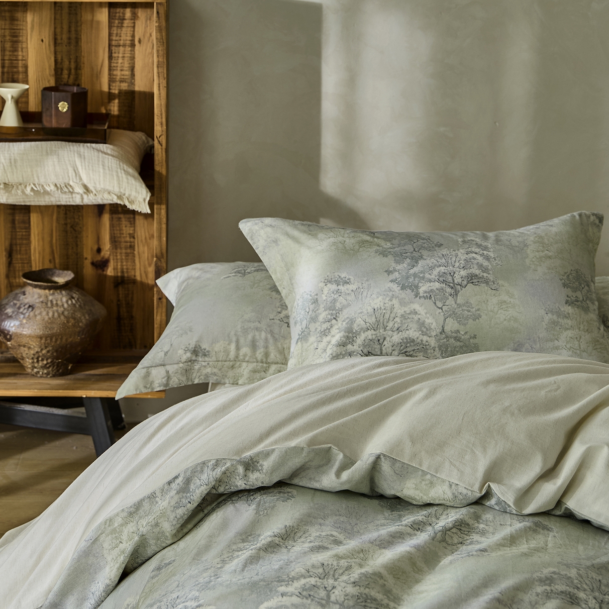 91家纺网 家纺一手货源 找家纺 安莱生活 2025新款全棉纯棉印花棉麻四件套 舒写礼-绿