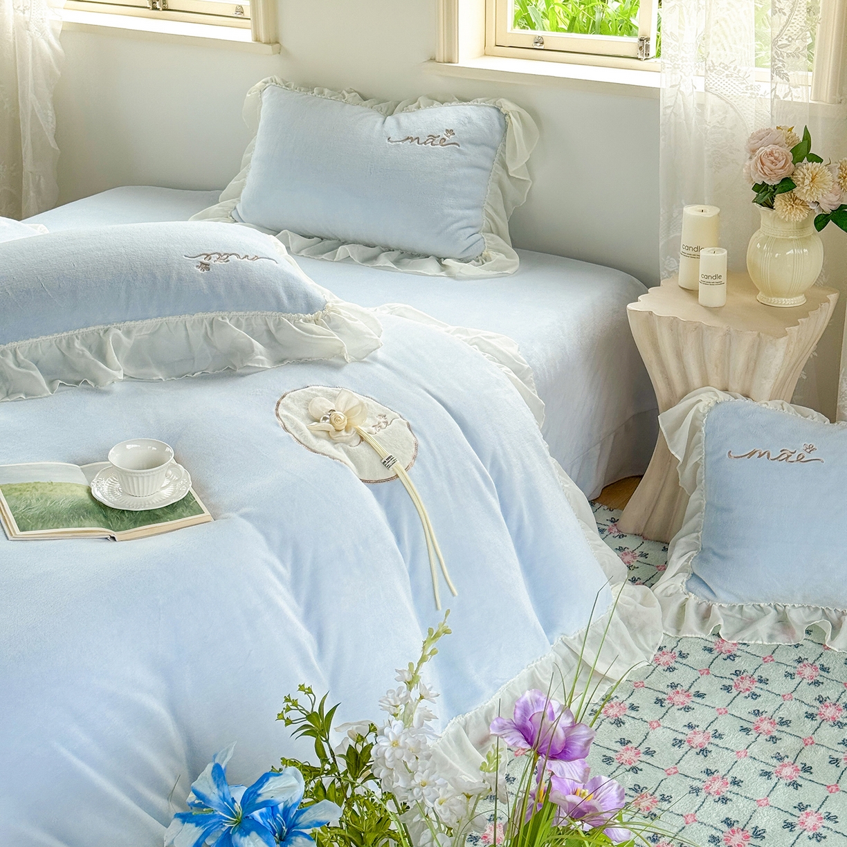 91家纺网 家纺一手货源 找家纺 慕克斯家纺 2025新款牛奶绒韩版贴布绣四件套 遇见系列 遇见-水兰