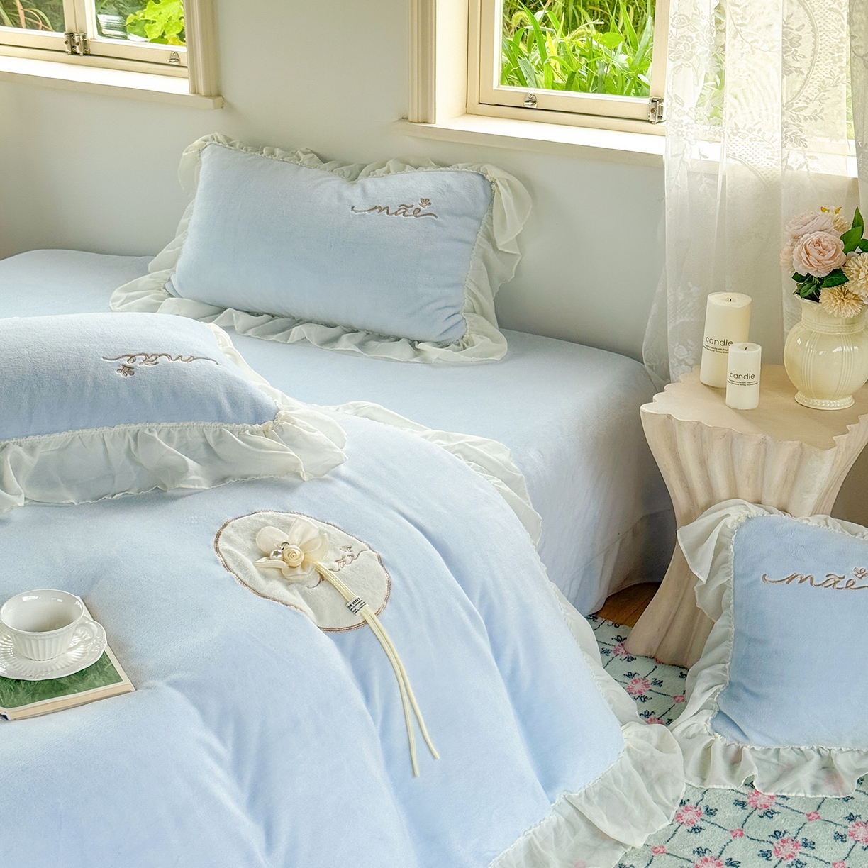 91家纺网 家纺一手货源 找家纺 慕克斯家纺 2025新款牛奶绒韩版贴布绣四件套 遇见系列 遇见-水兰