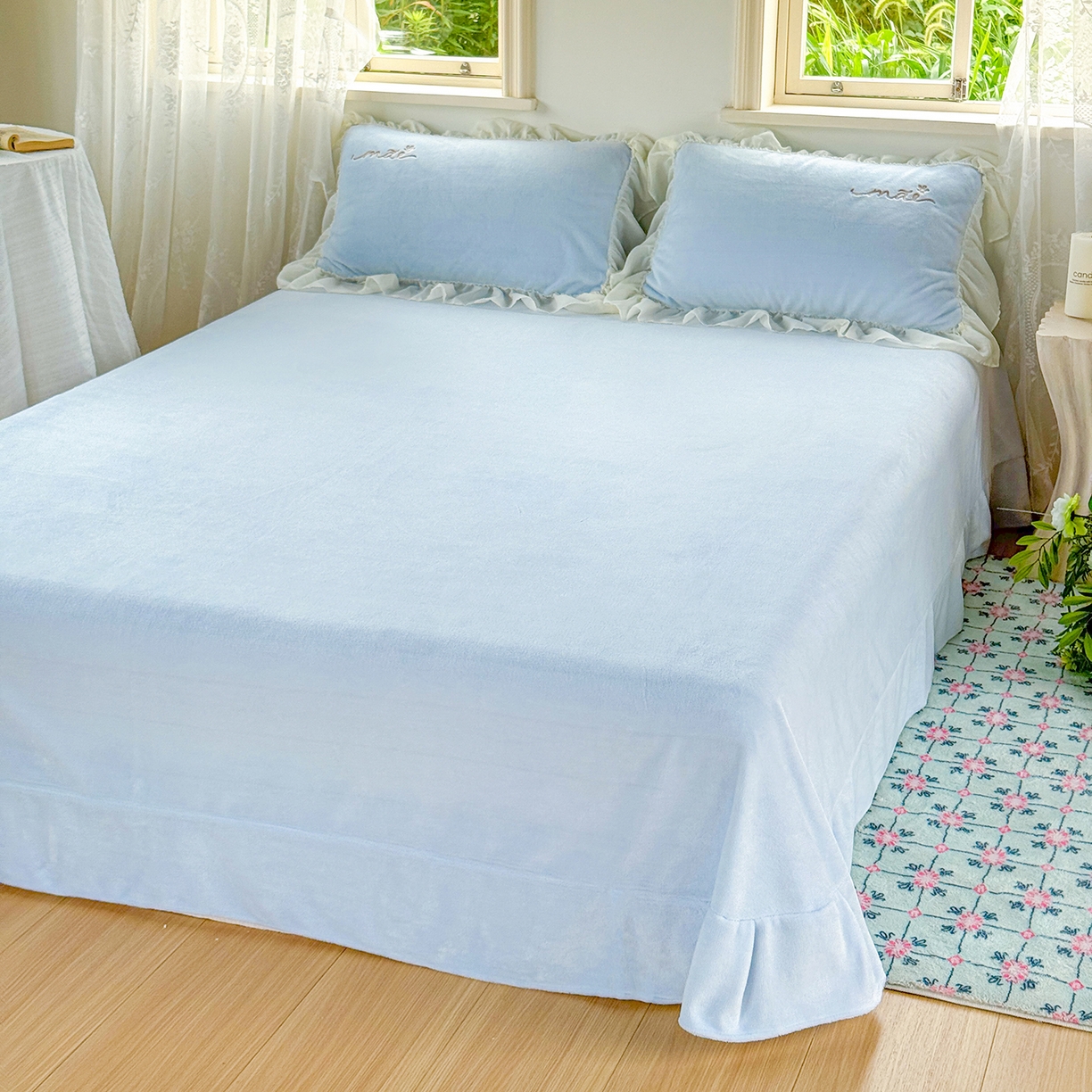 91家纺网 家纺一手货源 找家纺 慕克斯家纺 2025新款牛奶绒韩版贴布绣四件套 遇见系列 遇见-水兰