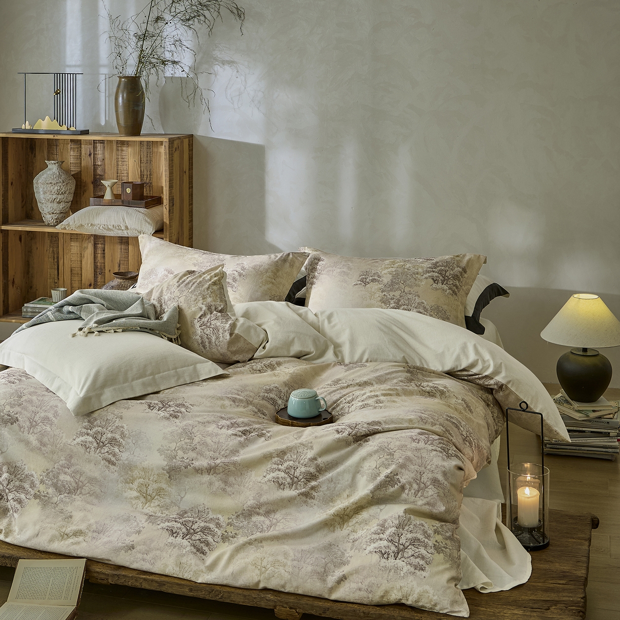 91家纺网 家纺一手货源 找家纺 安莱生活 2025新款全棉纯棉印花棉麻四件套 舒写礼-米