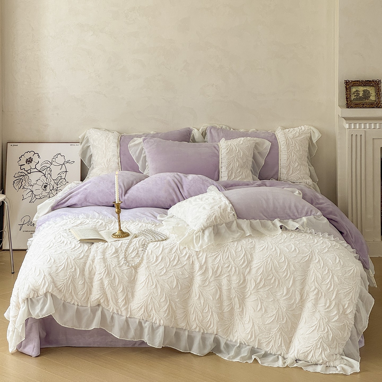 91家纺网 家纺一手货源 找家纺 慕克斯家纺 2025新款9斤韩版兔毛拼接牛奶绒法式雪纺花边四件套 法芙娜系列 法芙娜-梦幻紫