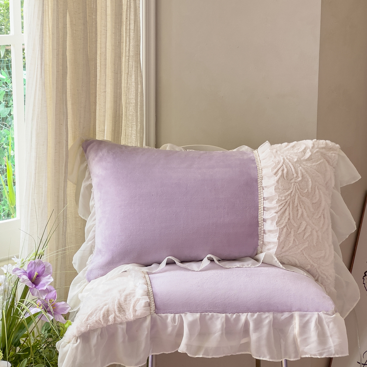 91家纺网 家纺一手货源 找家纺 慕克斯家纺 2025新款9斤韩版兔毛拼接牛奶绒法式雪纺花边四件套 法芙娜系列 法芙娜-梦幻紫