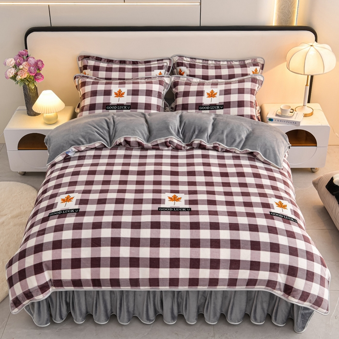 91家纺网 家纺一手货源 找家纺 梦宴 2025新款冬季牛奶绒加厚保暖床裙款法兰绒珊瑚绒四件套床上用品 格调