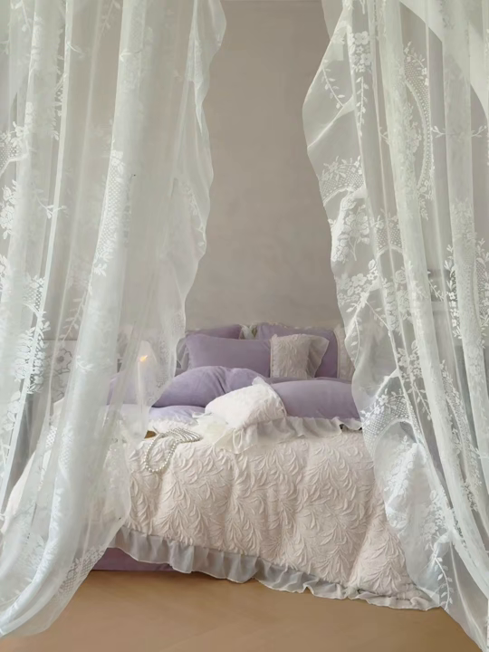 91家纺网 家纺一手货源 找家纺 慕克斯家纺 2025新款9斤韩版兔毛拼接牛奶绒法式雪纺花边四件套 法芙娜系列 法芙娜-梦幻紫