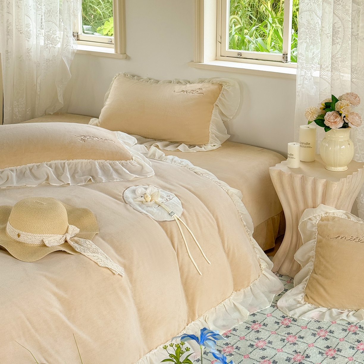 91家纺网 家纺一手货源 找家纺 慕克斯家纺 2025新款牛奶绒韩版贴布绣四件套 遇见系列 遇见-驼