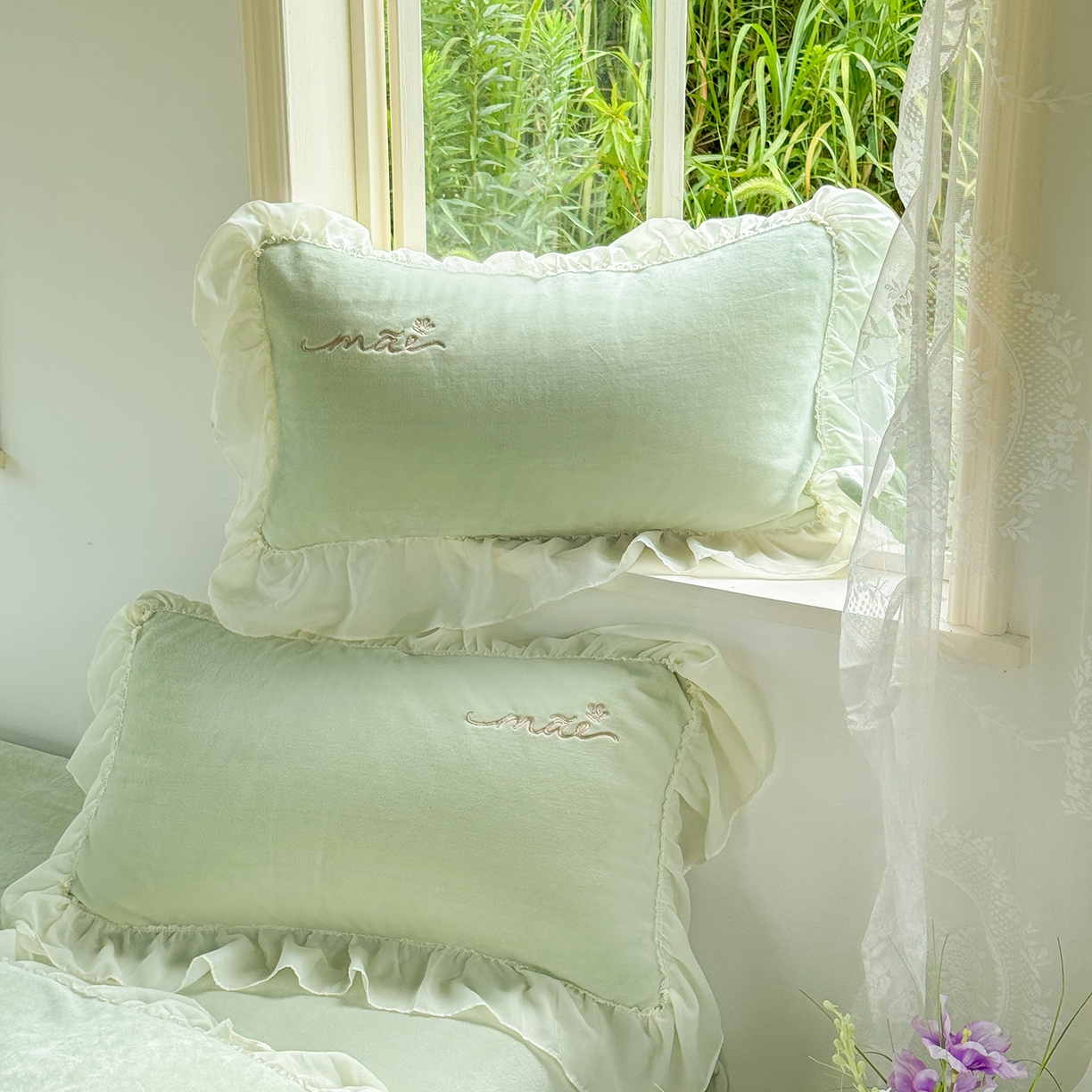 91家纺网 家纺一手货源 找家纺 慕克斯家纺 2025新款牛奶绒韩版贴布绣四件套 遇见系列 遇见-韵绿