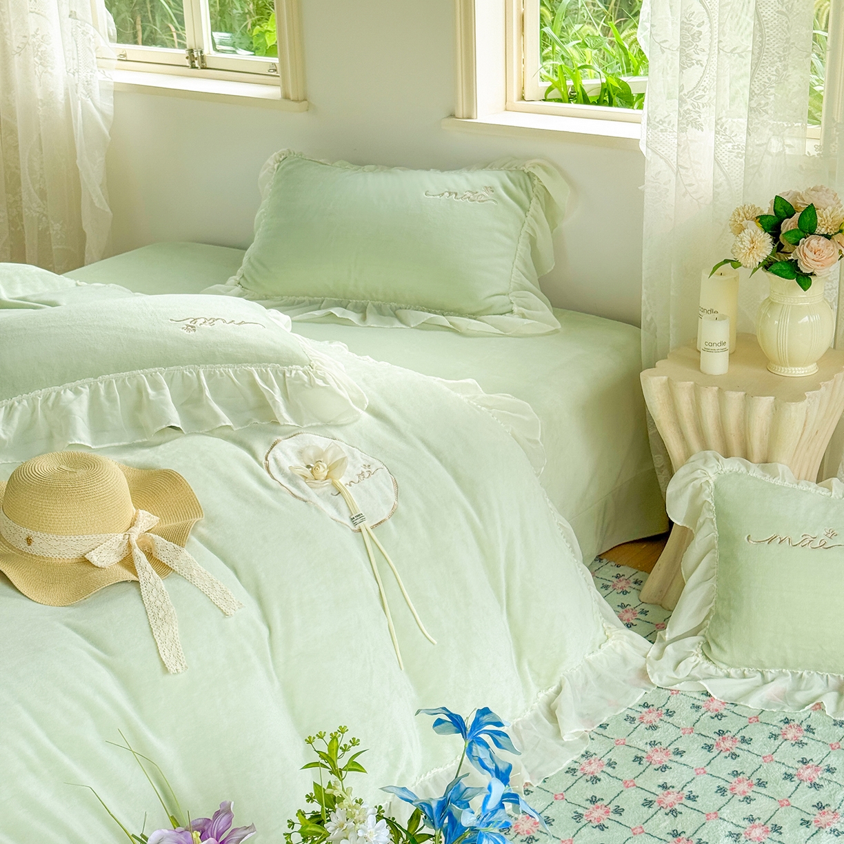 91家纺网 家纺一手货源 找家纺 慕克斯家纺 2025新款牛奶绒韩版贴布绣四件套 遇见系列 遇见-韵绿