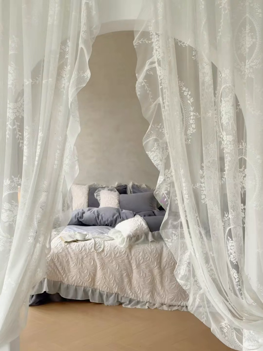 91家纺网 家纺一手货源 找家纺 慕克斯家纺 2025新款9斤韩版兔毛拼接牛奶绒法式雪纺花边四件套 法芙娜系列 法芙娜-绅士灰