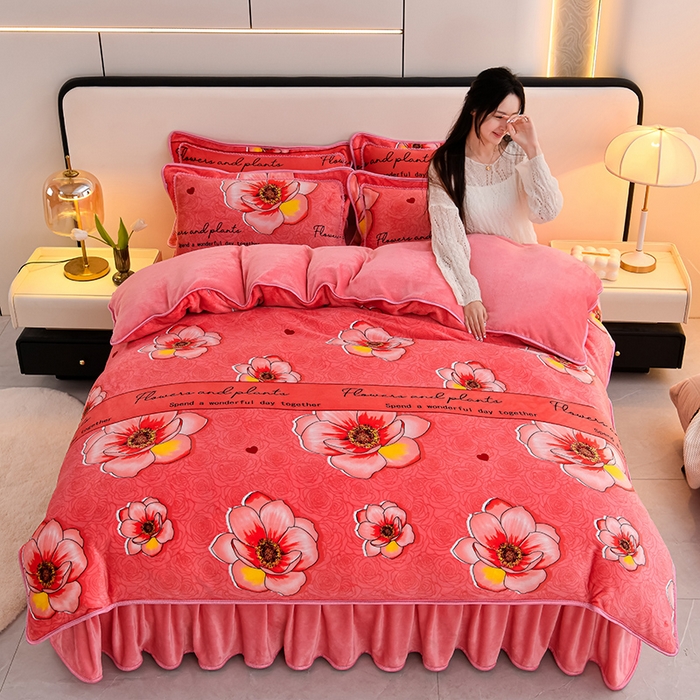 梦宴 2025新款冬季牛奶绒加厚保暖床裙款法兰绒珊瑚绒四件套床上用品 红粉佳人