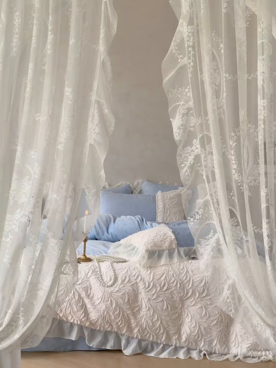 91家纺网 家纺一手货源 找家纺 慕克斯家纺 2025新款9斤韩版兔毛拼接牛奶绒法式雪纺花边四件套 法芙娜系列 法芙娜-天空蓝