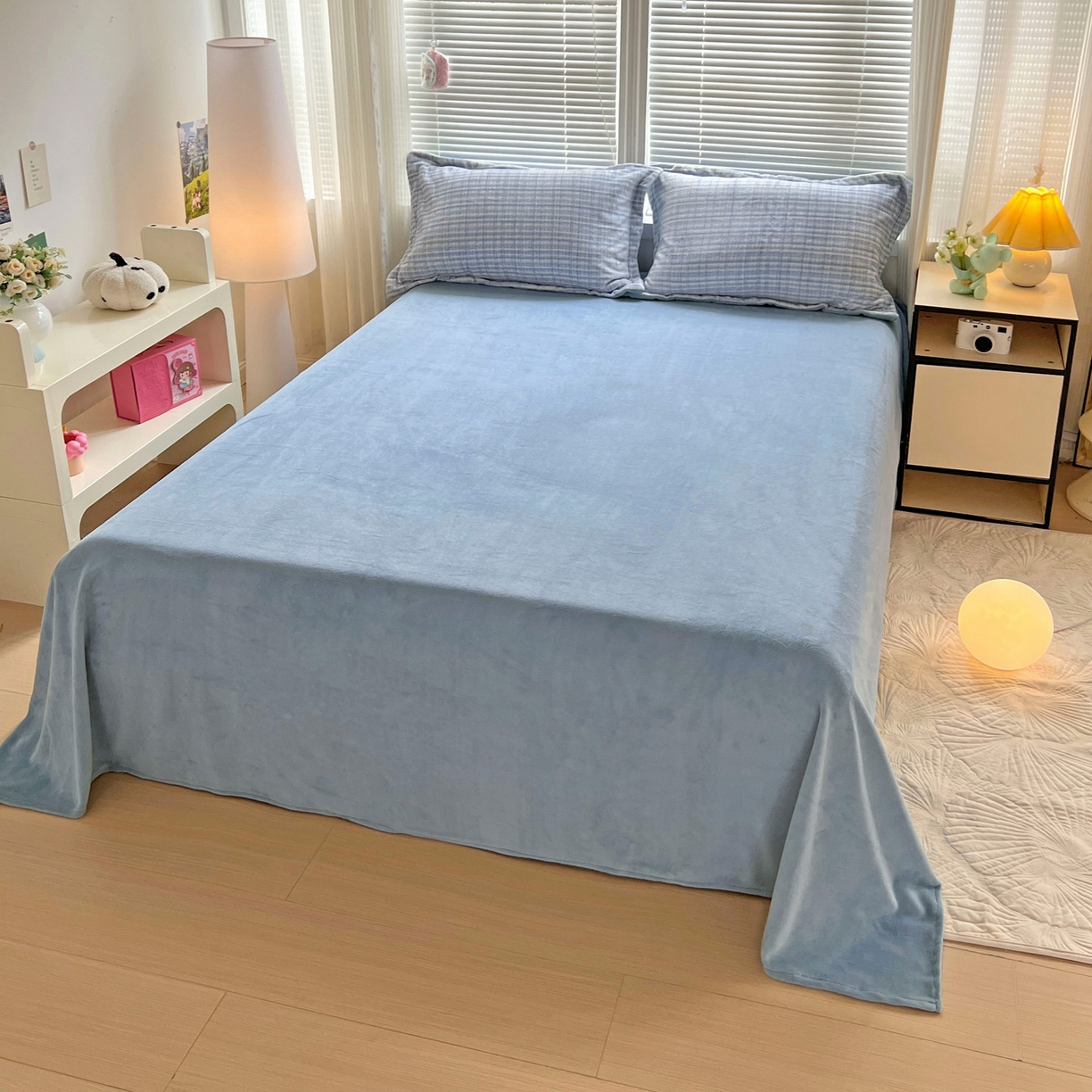 91家纺网 家纺一手货源 找家纺 简一 2025新款牛奶绒无印风ins风方格系列-单被套 小香风荆棘-浅蓝 