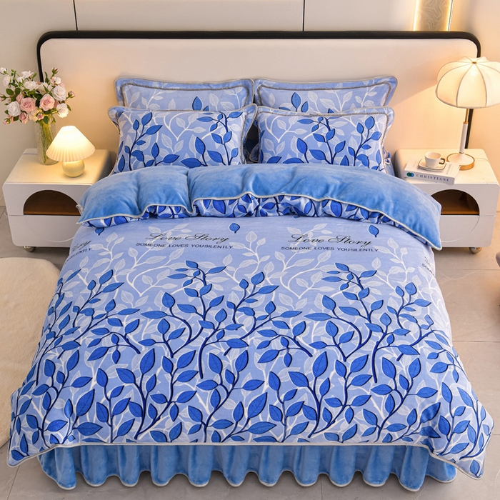 91家纺网 家纺一手货源 找家纺 梦宴 2025新款冬季牛奶绒加厚保暖床裙款法兰绒珊瑚绒四件套床上用品 花枝如梦