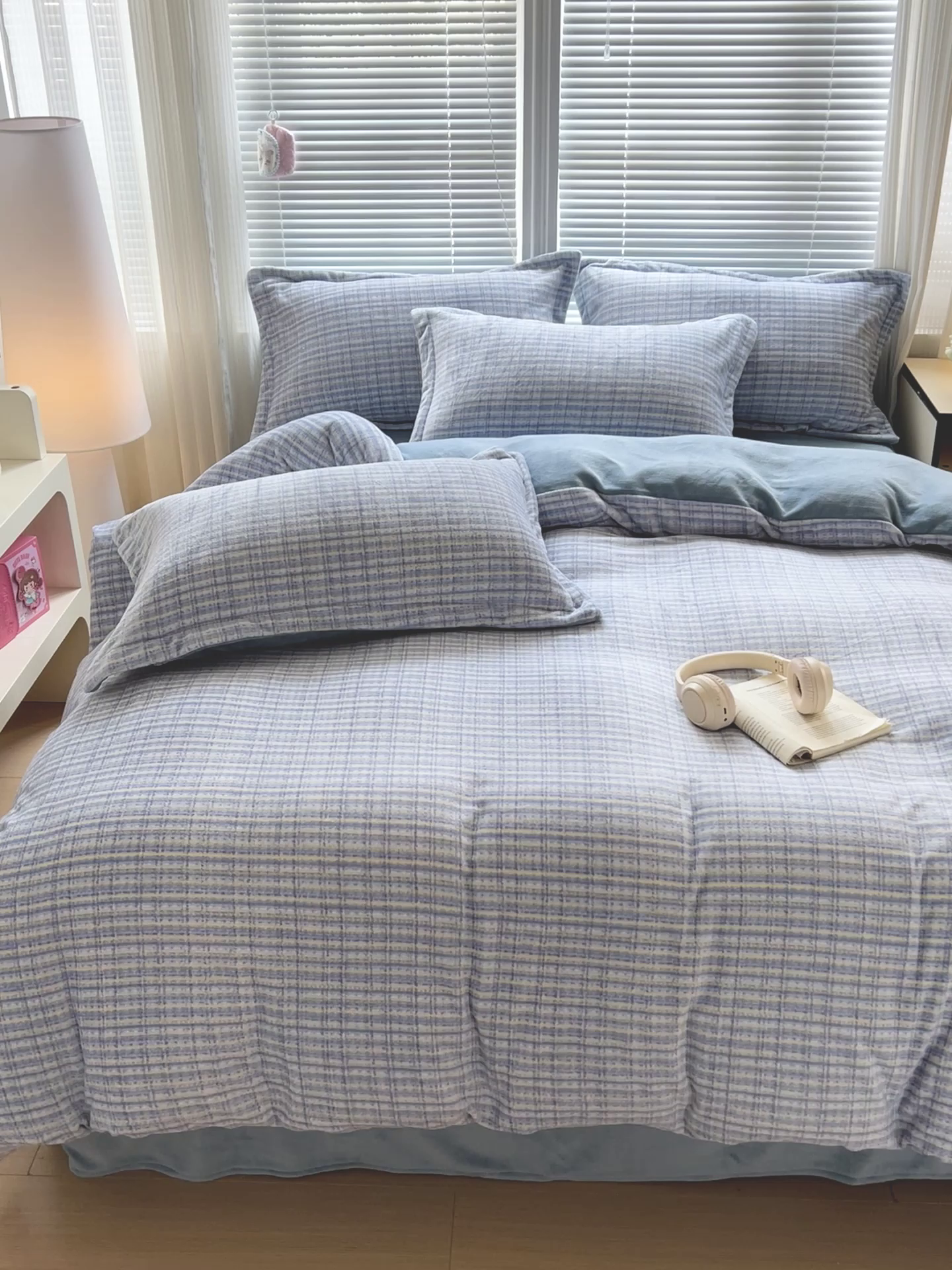 91家纺网 家纺一手货源 找家纺 简一 2025新款牛奶绒无印风ins风方格系列-单被套 小香风荆棘-浅蓝 