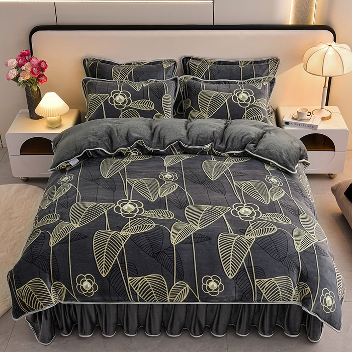 91家纺网 家纺一手货源 找家纺 梦宴 2025新款冬季牛奶绒加厚保暖床裙款法兰绒珊瑚绒四件套床上用品 金枝玉叶