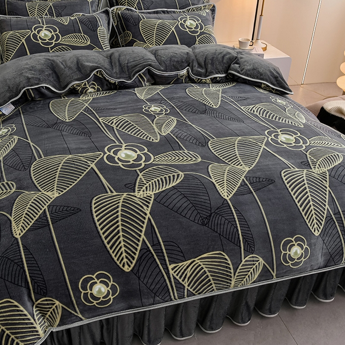 91家纺网 家纺一手货源 找家纺 梦宴 2025新款冬季牛奶绒加厚保暖床裙款法兰绒珊瑚绒四件套床上用品 金枝玉叶