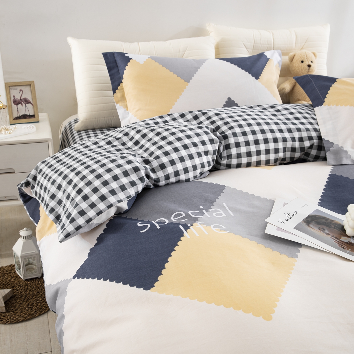 91家纺网 家纺一手货源 找家纺 鲁爱家纺供货 全棉斜纹印花四件套 简格