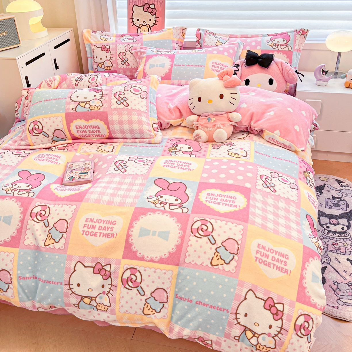 91家纺网 家纺一手货源 找家纺 暮思家居 2025新款三丽鸥正版授权高克重200克加厚保暖卡通牛奶绒四件套 牛奶绒-KT美乐蒂