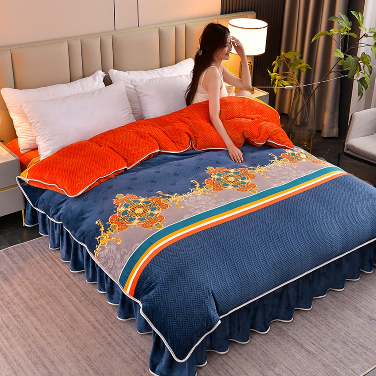 91家纺网 家纺一手货源 找家纺 梦宴 2025新款冬季牛奶绒加厚保暖床裙款法兰绒珊瑚绒四件套床上用品 乐享生活